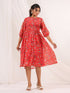 Janasya Women's Red Georgette Floral Printed Gathered Dress